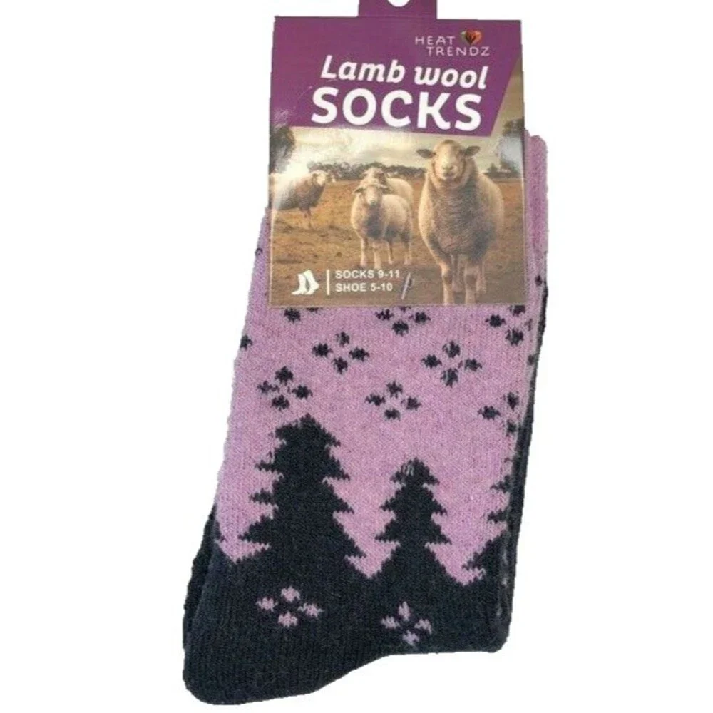 Lamb's Wool Ladies Socks Pine Trees Snowflake Crew Warm Winter Purple Size 9-11